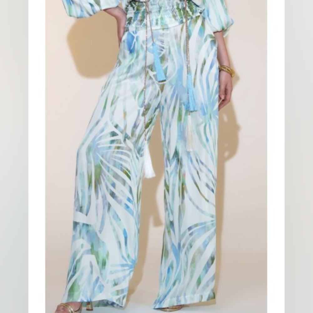 PHO Firenze Italy Wide Leg Resort Trouser Pants Pockets Green Blue S